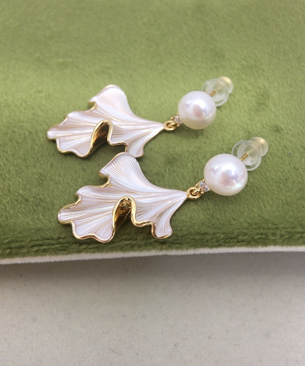 Vintage White Enamel Ginkgo Leaf Pearl Drop Dangle Earrings