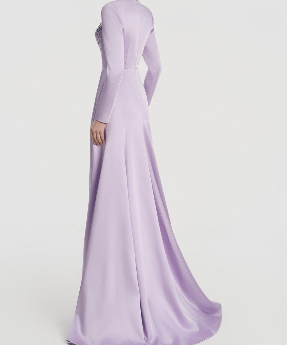 Lavender Long Sleeve Corset Beaded A-Line Formal Evening Gown