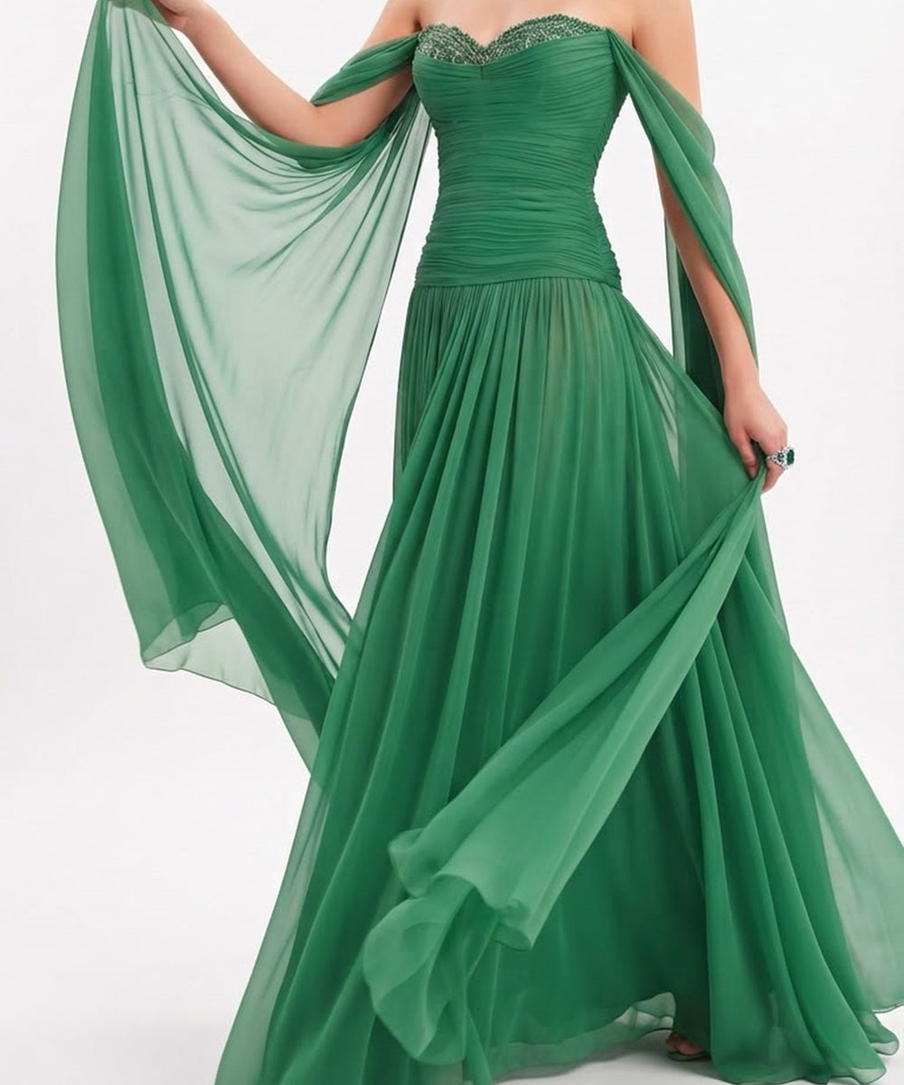 Green Off Shoulder Chiffon Evening Gown with Beaded Sweetheart Neck & Flowing Cape Sleeves