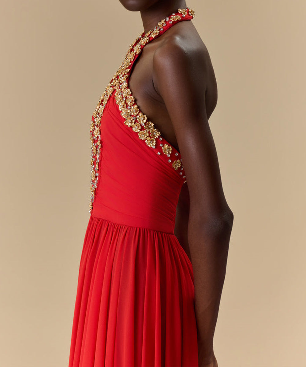 Halter Neck Red Chiffon Evening Dress With Gold Beaded Appliqués
