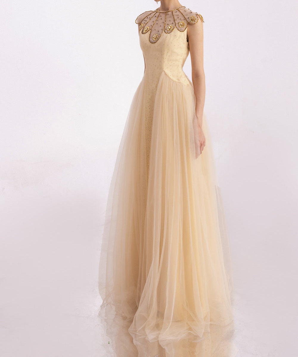 Champagne Sheer Neck Beaded Tulle A-Line Evening Gown