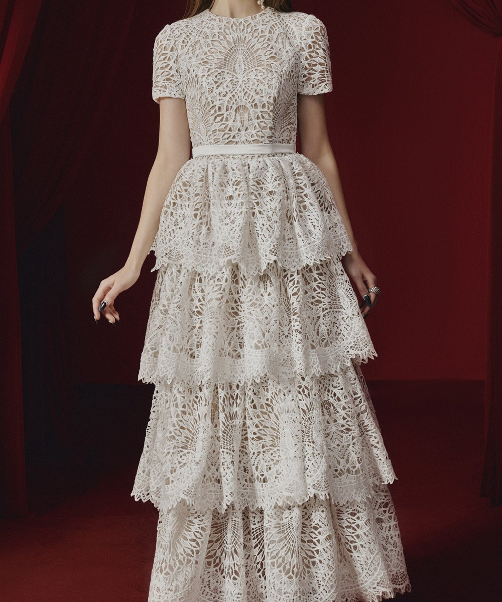 White Short Sleeve Tiered Lace Maxi Dress