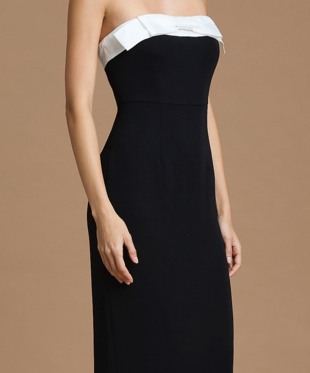 Black Strapless Sheath Maxi Evening Dress with White Bow Detail