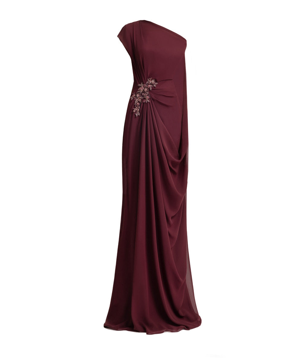 Burgundy Asymmetric Draped Chiffon Gown with Beaded Floral Embellishment