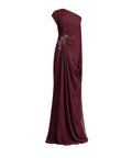 Burgundy Asymmetric Draped Chiffon Gown with Beaded Floral Embellishment