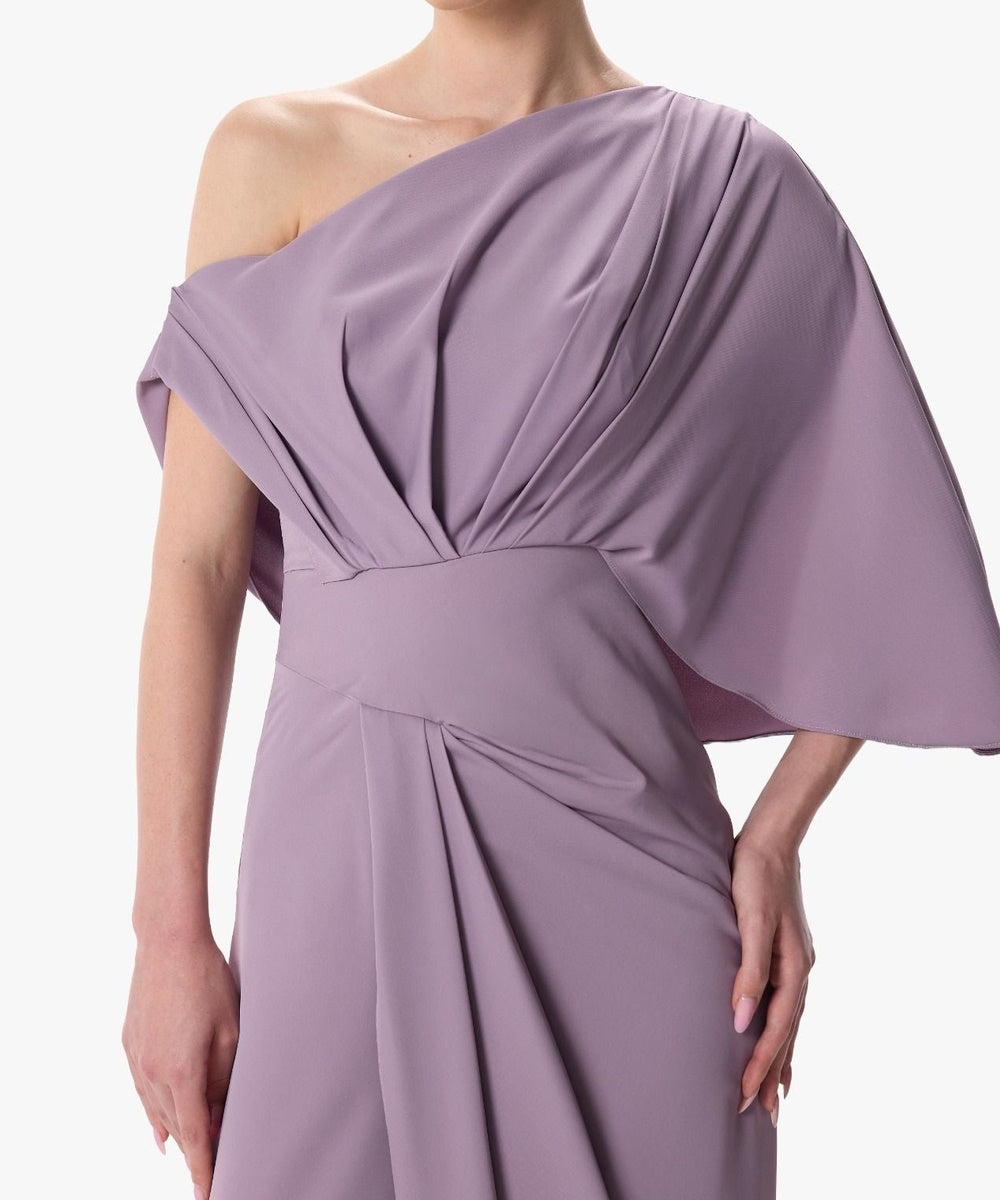 Dusty Lavender Asymmetric One Shoulder Draped Formal Maxi Dress