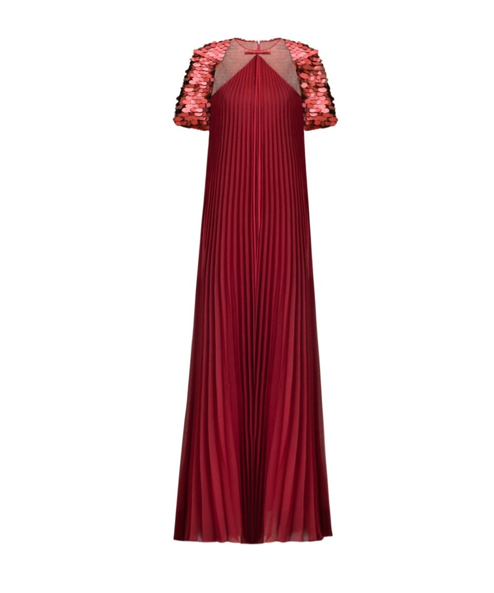 Burgundy Halter Pleated Chiffon Maxi Gown with Large Sequined Short Sleeve Cape
