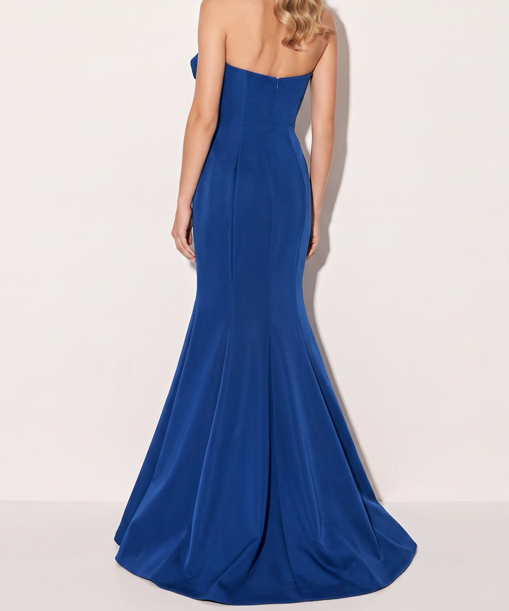 Royal Blue Strapless Asymmetric Fold Peplum Satin Mermaid Evening Gown