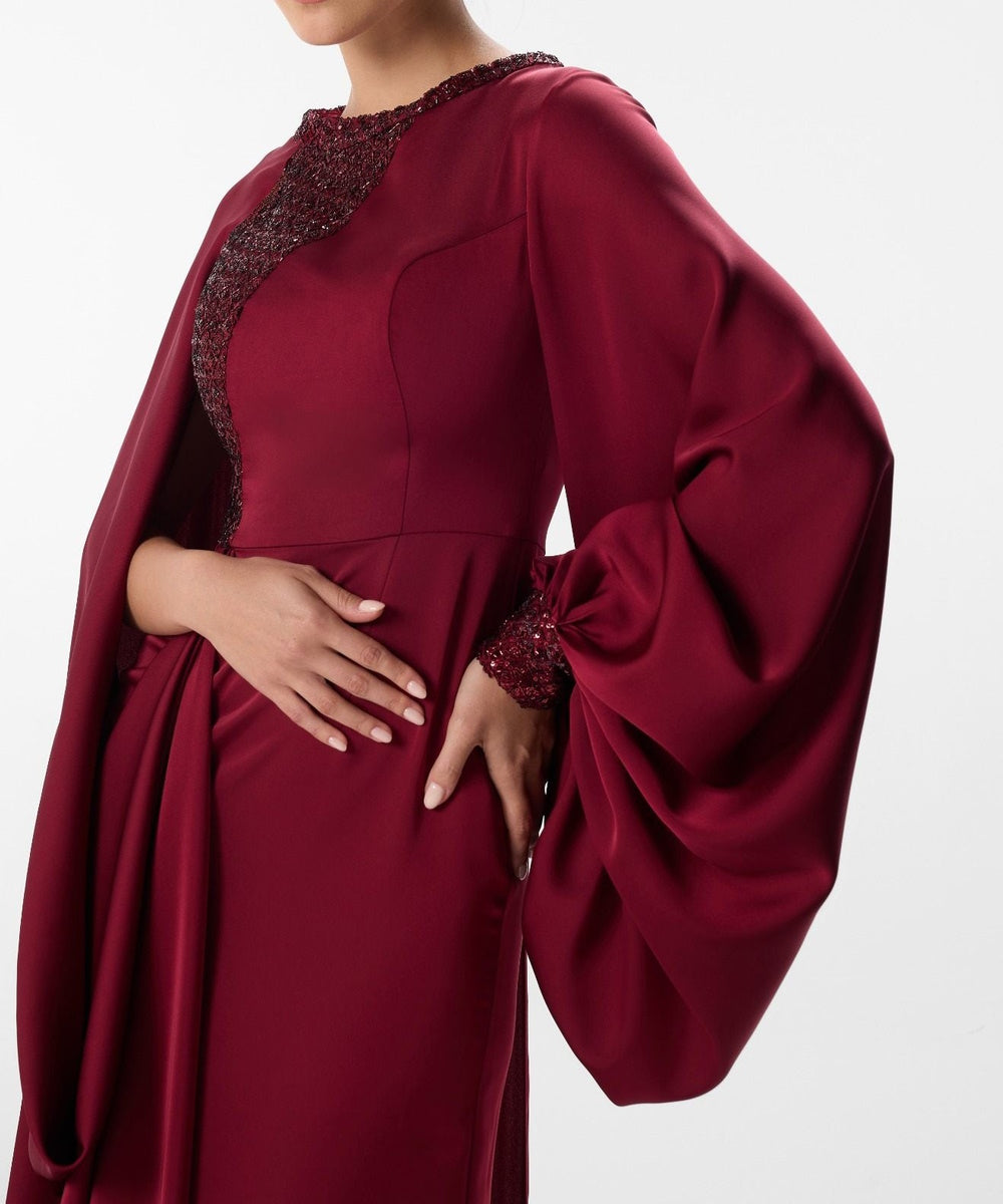 Burgundy Beaded Cape Sleeve Long Formal Evening Gown