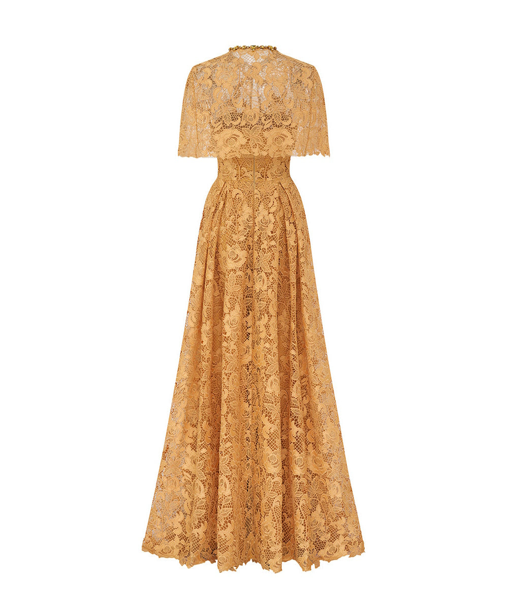 Golden Lace Cape Sleeve Maxi Formal Evening Gown