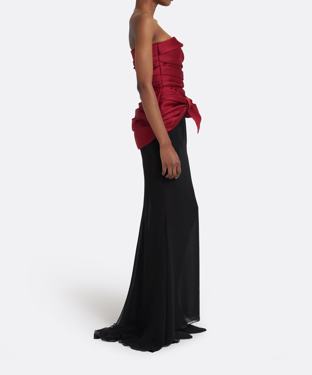 Burgundy Strapless Satin Ruched Bow Bodice Black Chiffon Mermaid Evening Gown