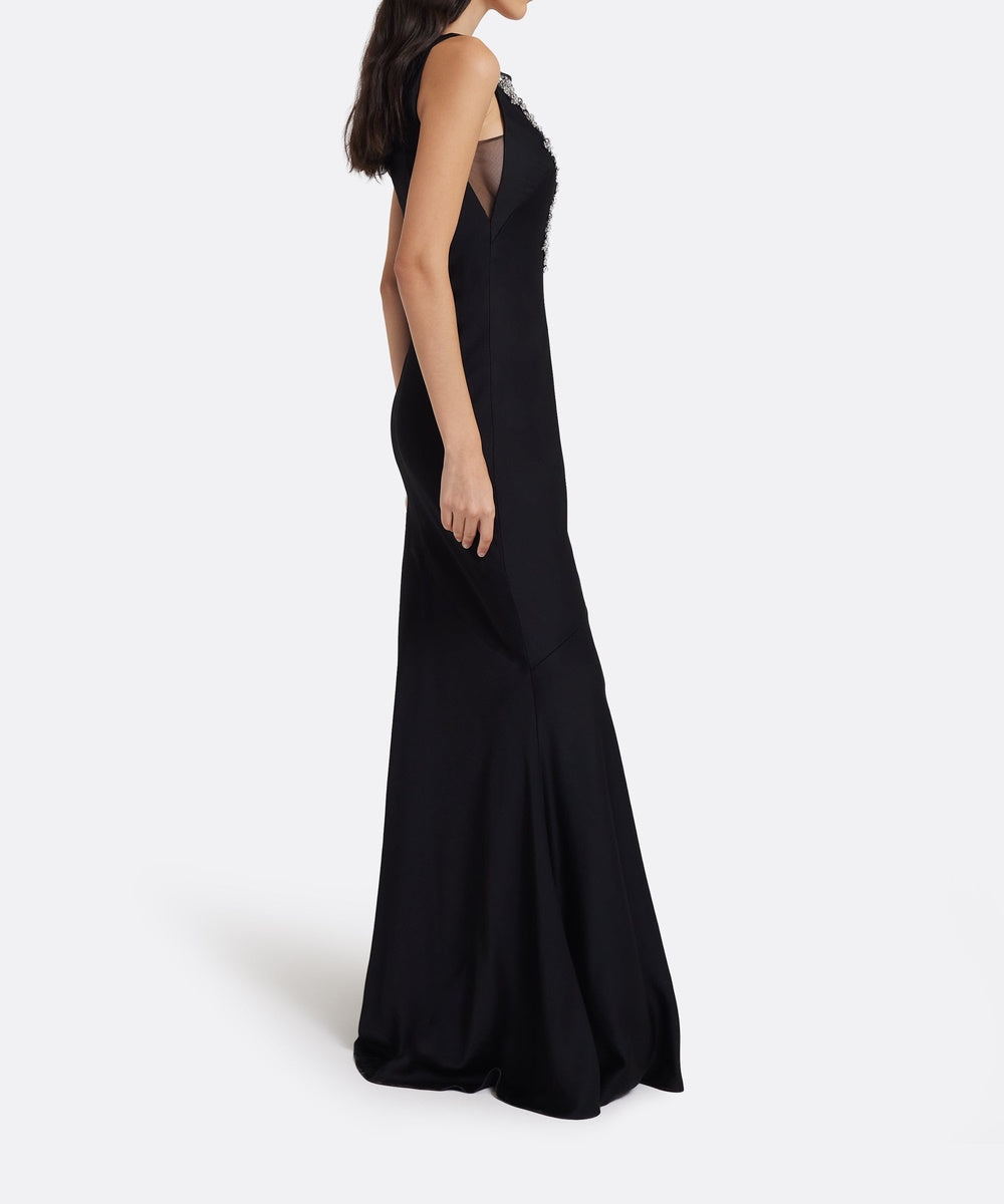 Black Sleeveless Beaded Mesh Illusion Mermaid Satin Evening Gown