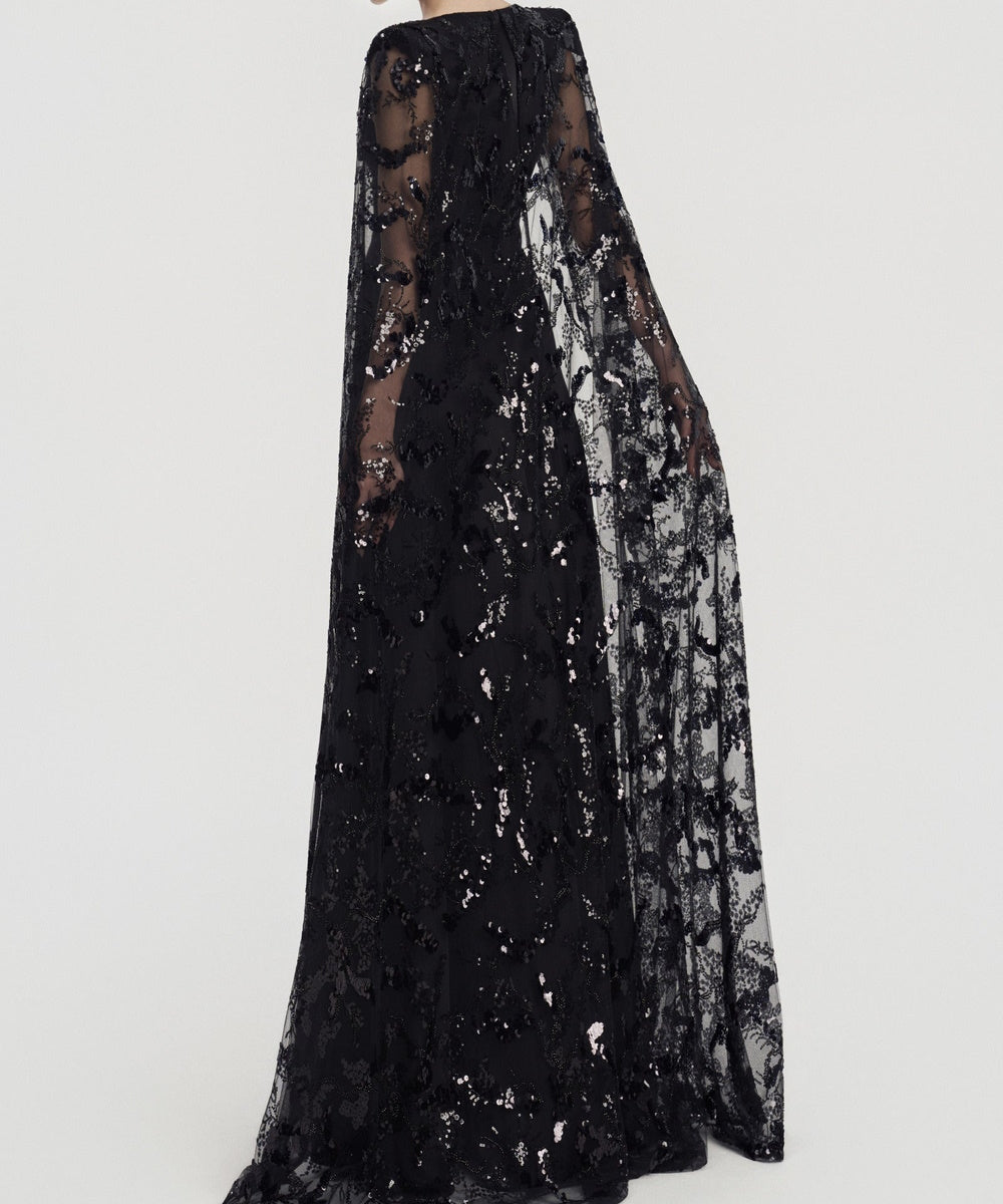 Black Deep V Lace Cape Sleeve A-Line Formal Evening Gown