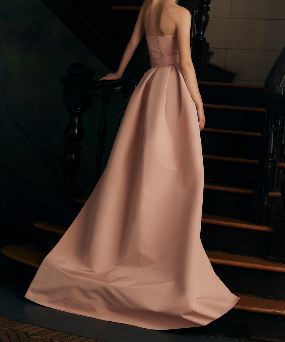 Blush Strapless Column Gown With Bow Sash And Overskirt Train