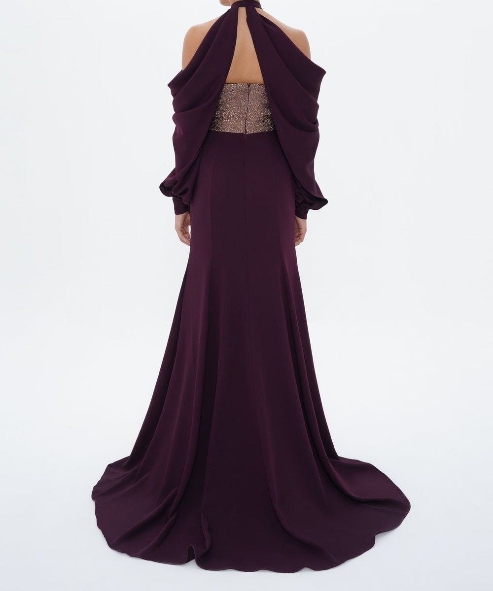 Plum Halter Cross Neck Beaded Panel Draped Long Sleeve Mermaid Evening Gown