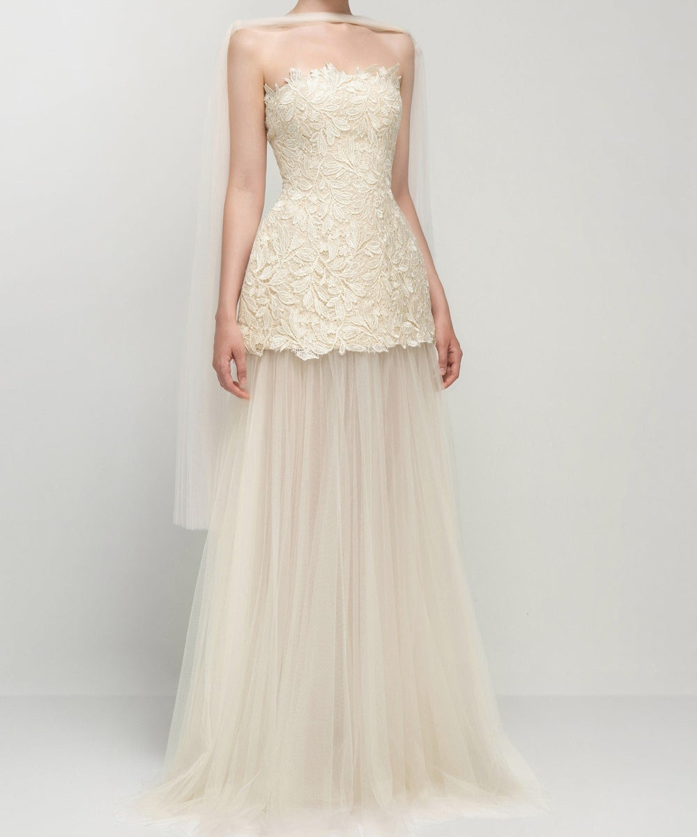 Strapless Leaf Lace Bodice Flowy Tulle Wedding Dress with Draped Shoulder Tulle Cape