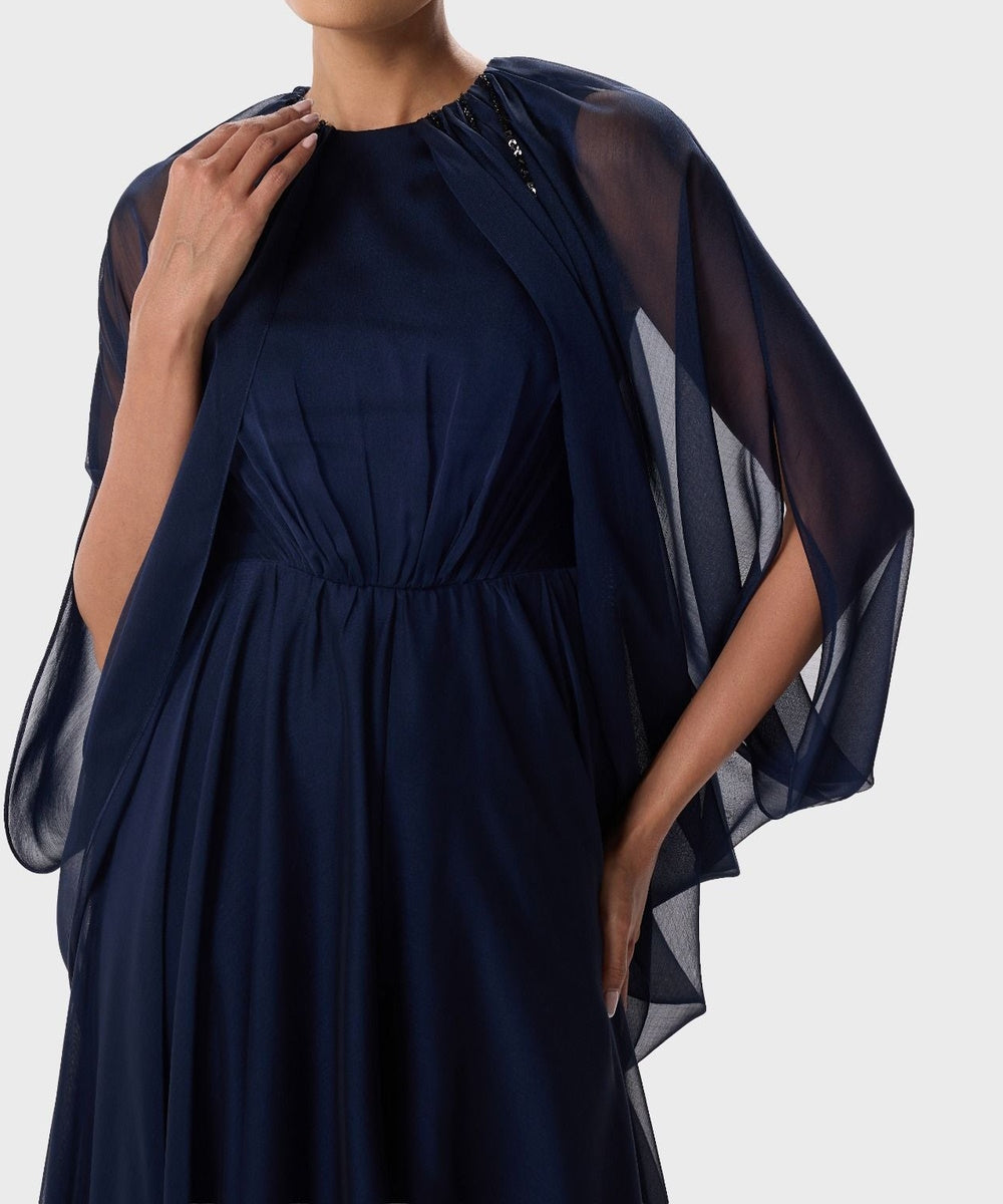 Navy Chiffon Cape Sleeve Beaded Neck Floor Length Formal Evening Gown