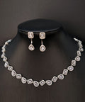 Halo Pear & Rectangle Cubic Zirconia Necklace Drop Earring Jewelry Set 2 Tones Silver Rose Gold