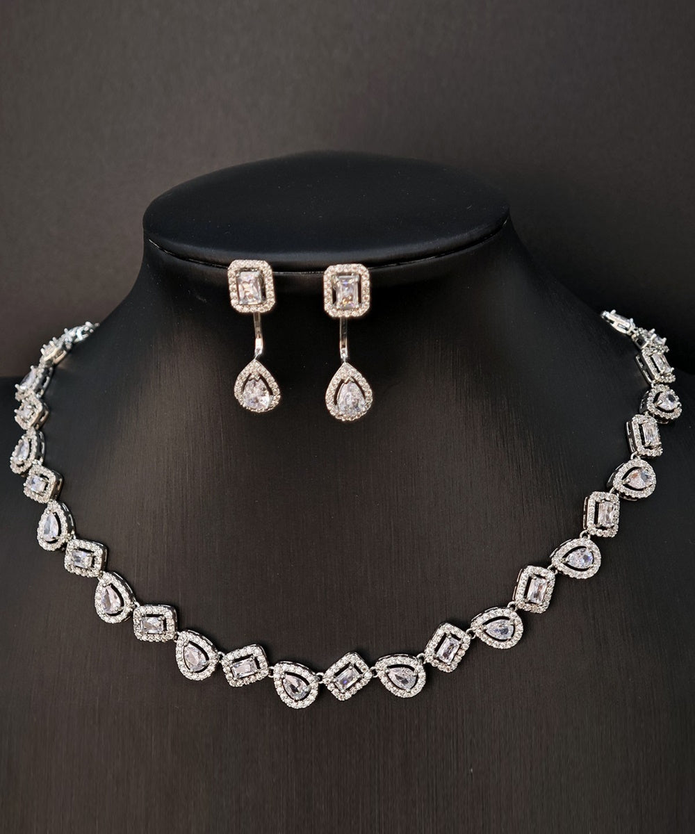 Halo Pear & Rectangle Cubic Zirconia Necklace Drop Earring Jewelry Set 2 Tones Silver Rose Gold