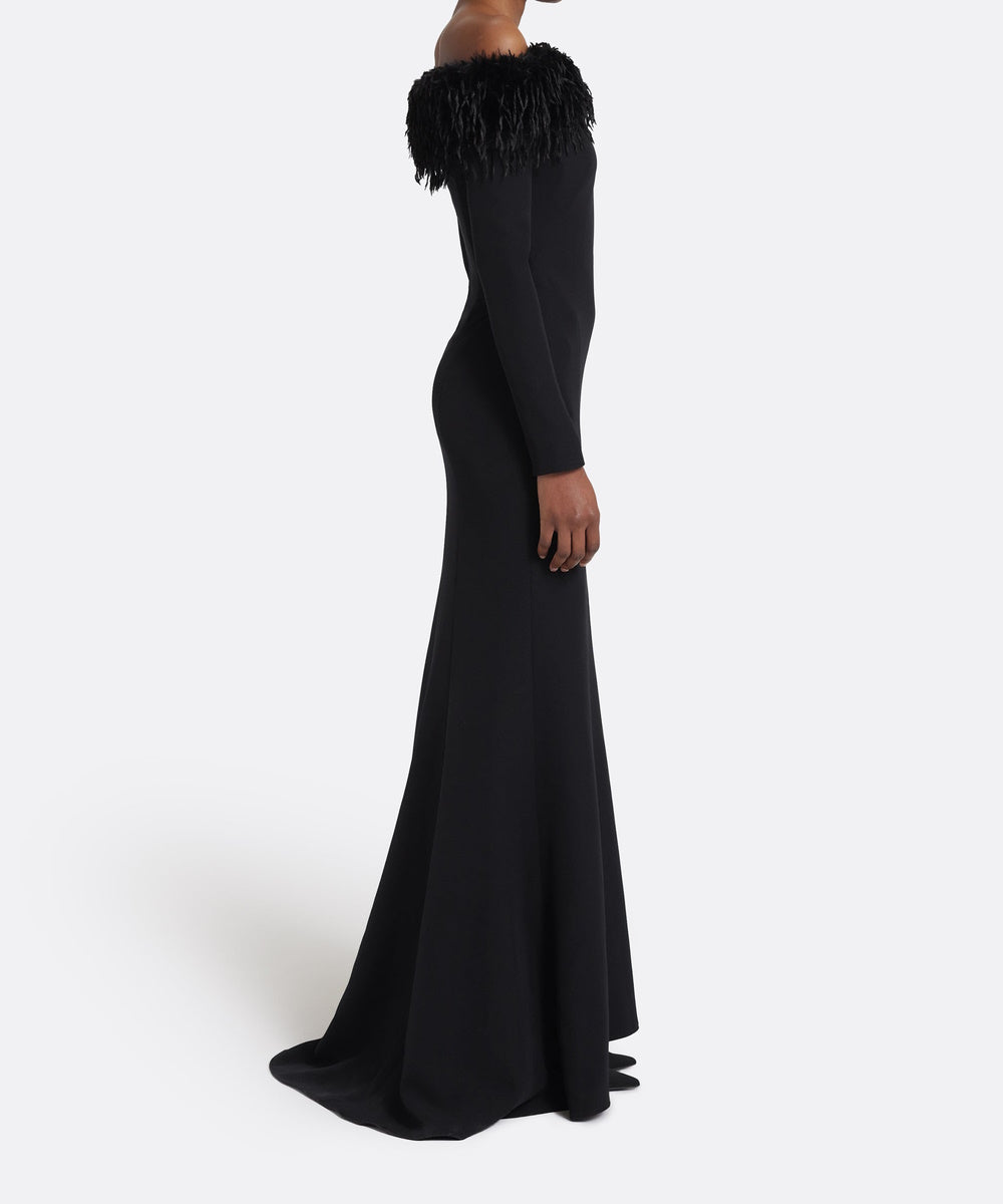 Black Off The Shoulder Feather Trim Long Sleeve Mermaid Evening Gown