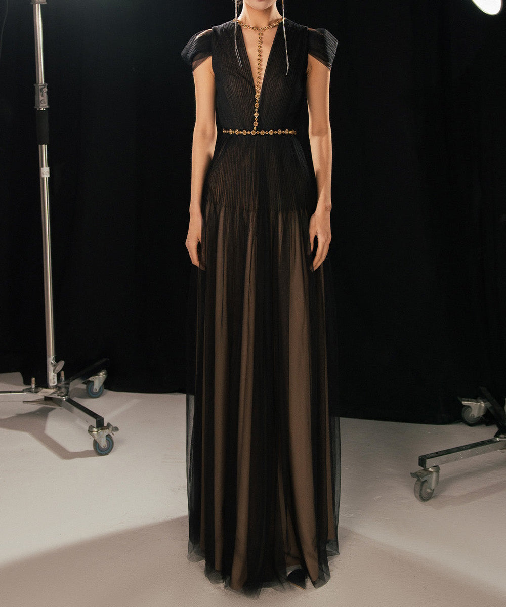 Black Pleated Tulle Deep V Gold Beaded A-Line Evening Gown