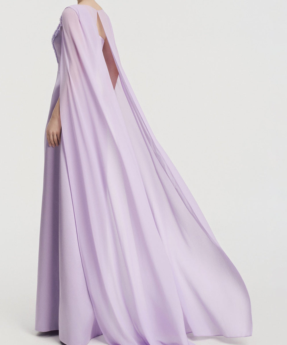 Lilac Cape Sleeve Beaded Floral Cutout Formal Evening Gown