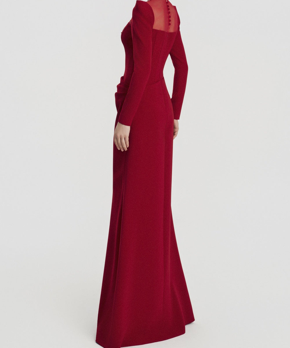 Red Structured Shoulder Long Sleeve Beaded Mermaid Evening Gown