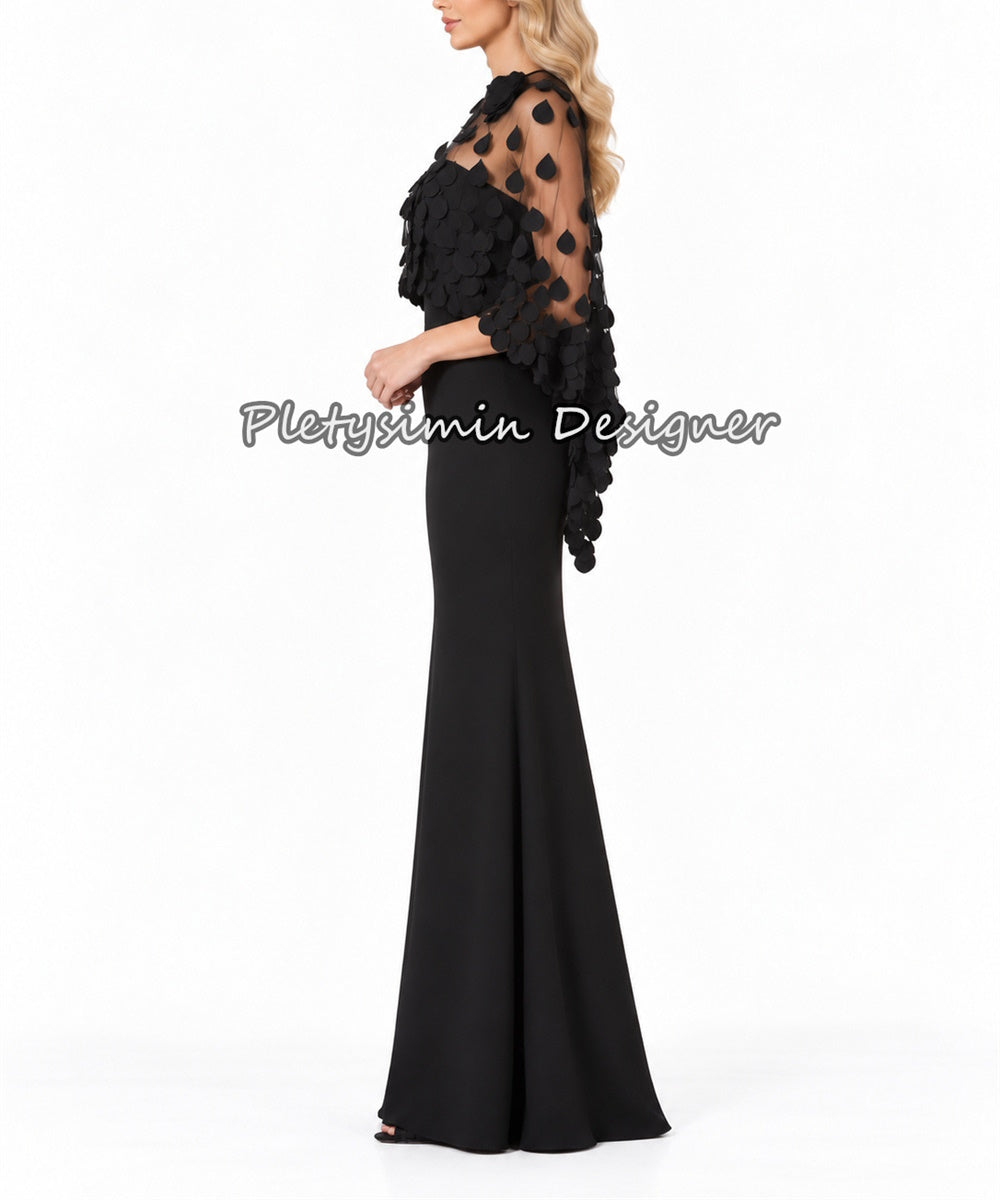 Black Mermaid Evening Gown With 3D Petal Mesh Cape Sleeve
