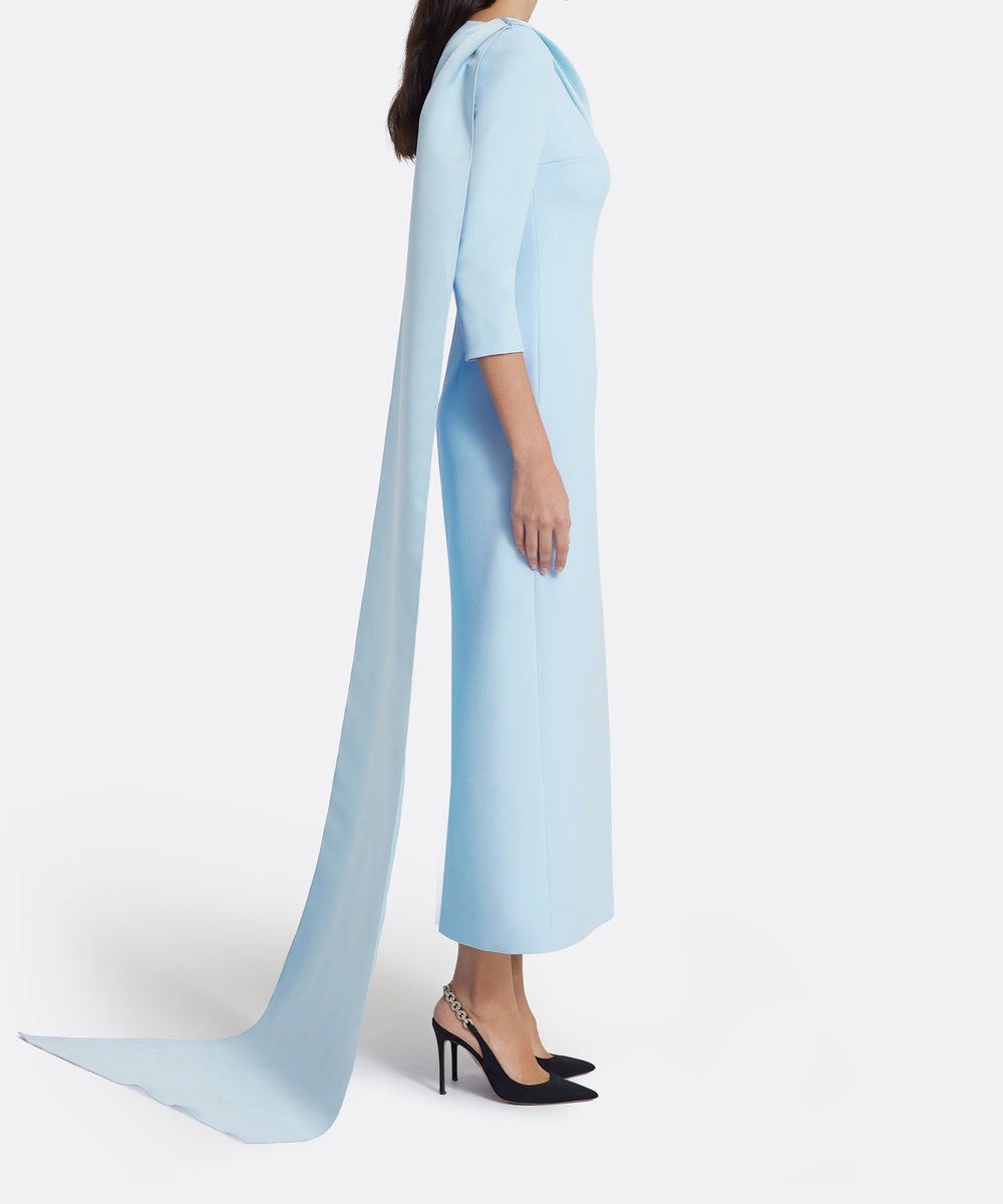 Light Blue Draped Asymmetric Neck Midi Sheath Gown With Back Satin Cape Train