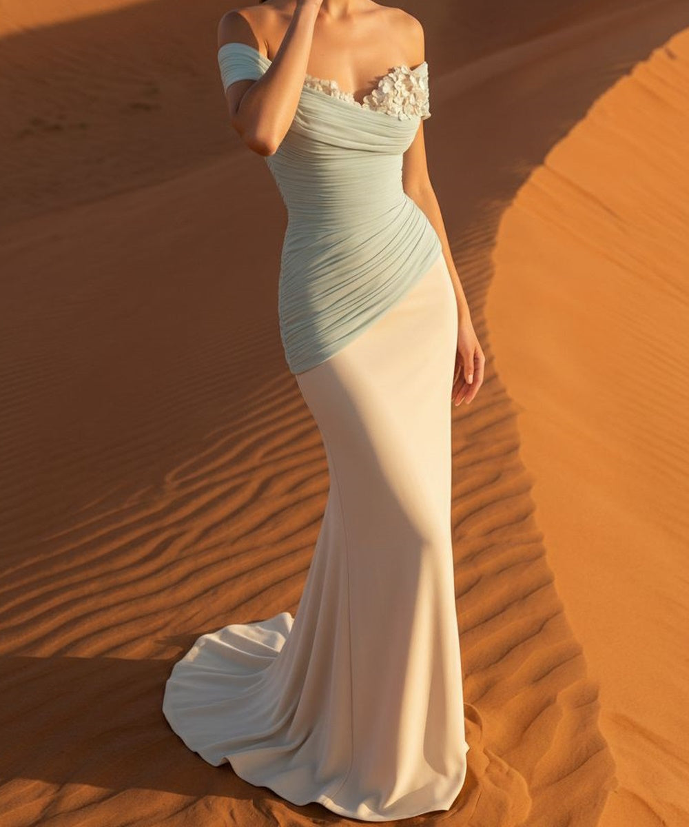 Dusty Blue Off Shoulder 3D Floral Two-Tone Mermaid Evening Gown