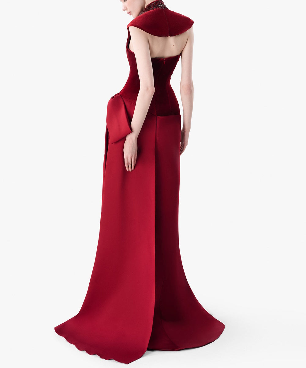 Burgundy Velvet Satin High Neck Beaded Mermaid Evening Gown With Side Bow Draping