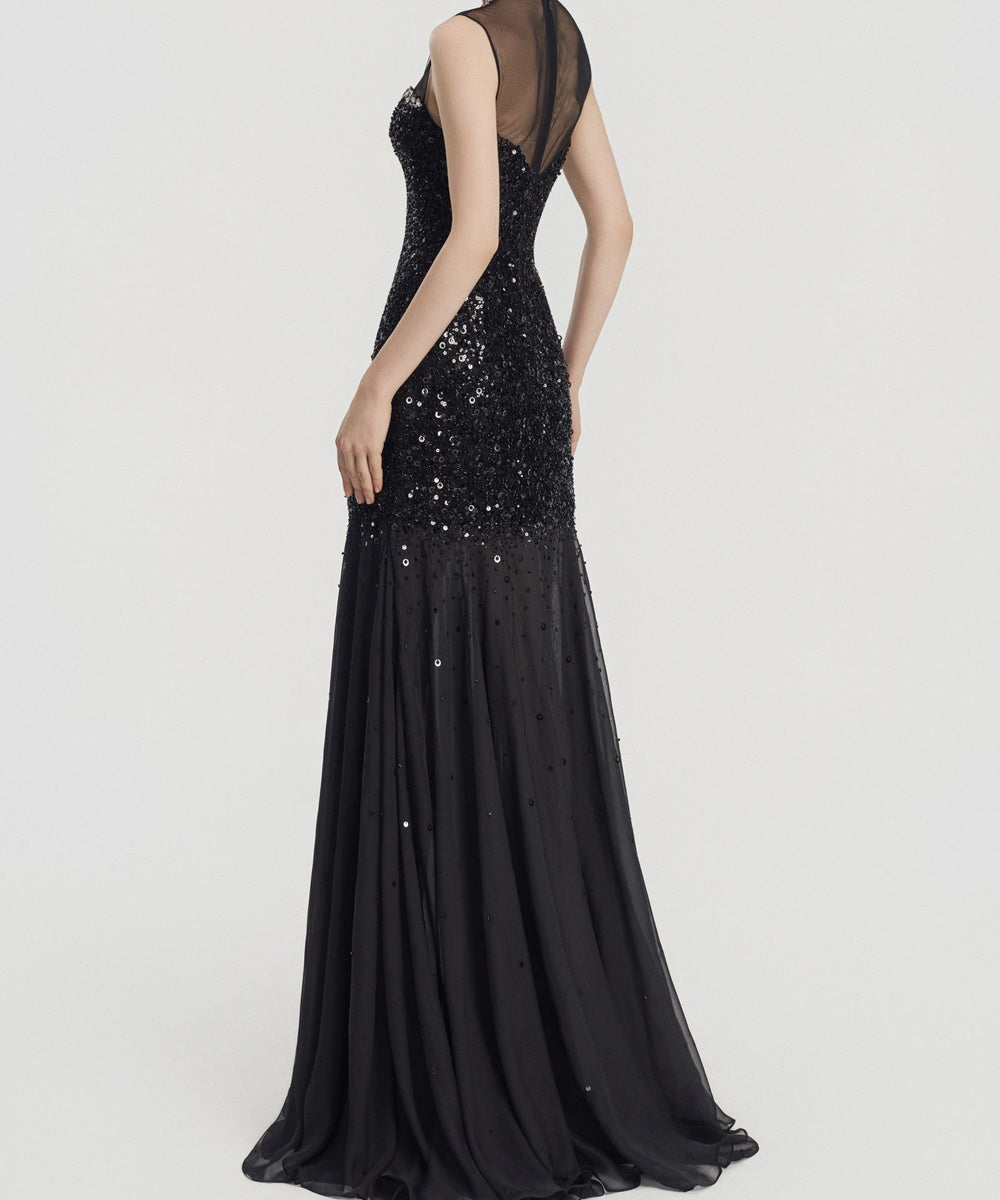 Black Sleeveless Illusion Neck Sequin Beaded Mermaid Evening Gown