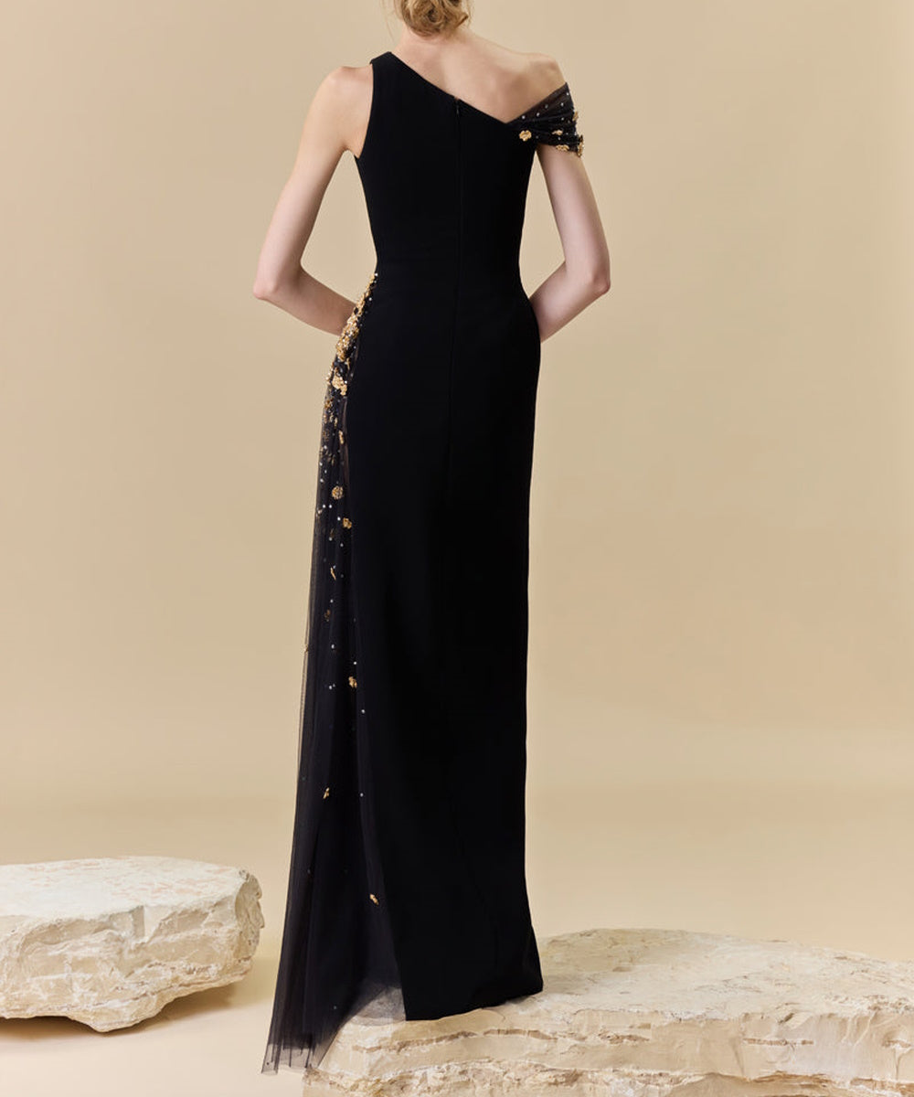 Asymmetrical One Shoulder Black Gown With Gold Floral Tulle Slit