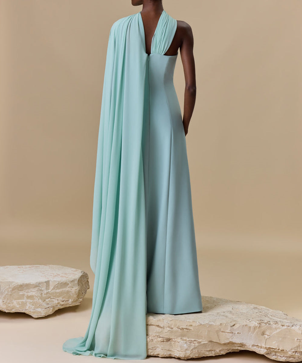 Strapless Draped Cape Sleeve Crepe Evening Gown