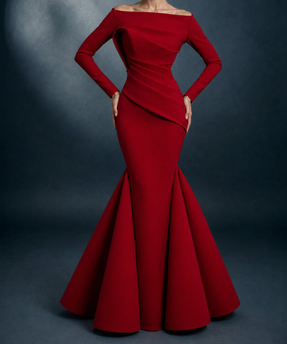 Red Off‑The‑Shoulder Long Sleeve Draped Mermaid Evening Gown