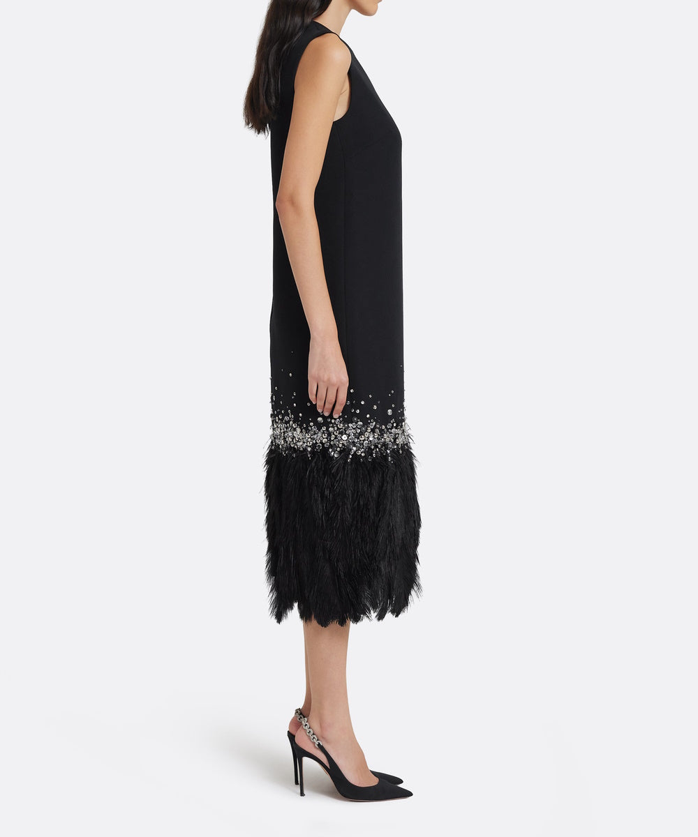 Sleeveless Shift Midi Dress With Crystal Beading And Feather Hem