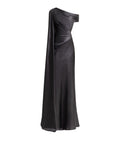 Black Metallic Satin Asymmetric Off Shoulder Mermaid Gown with Cape Drape