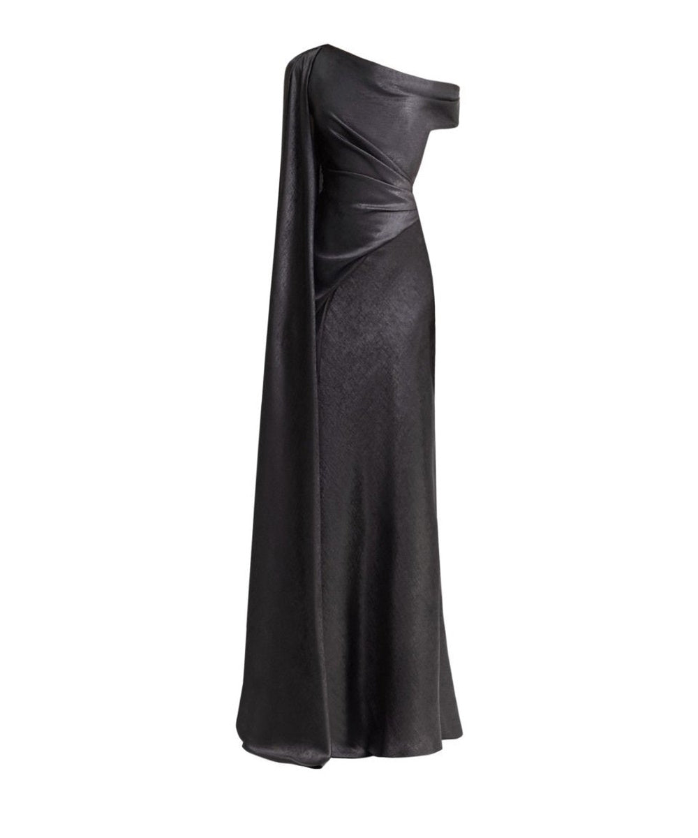 Black Metallic Satin Asymmetric Off Shoulder Mermaid Gown with Cape Drape