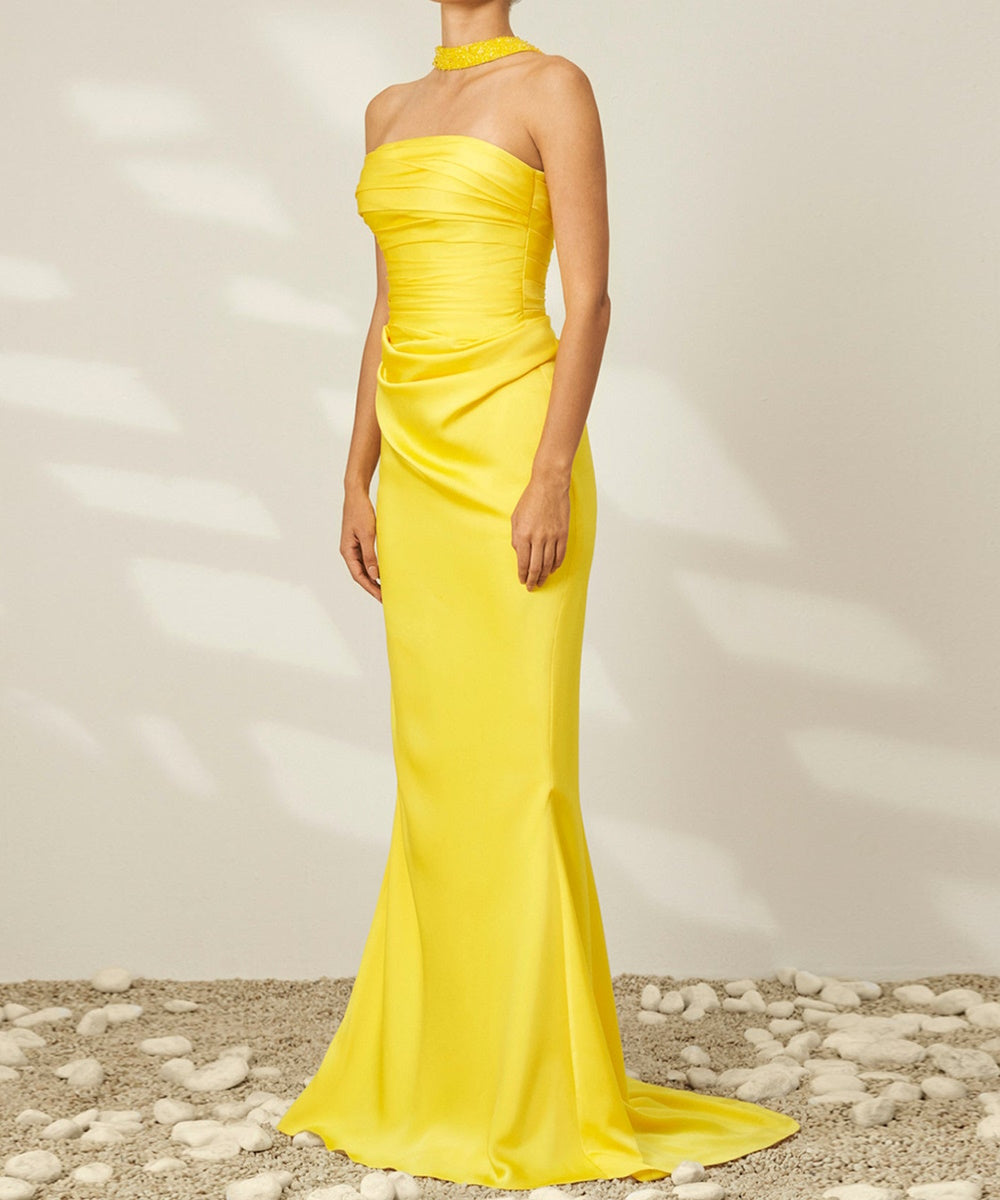 Bright Yellow Strapless Ruched Satin Mermaid Evening Gown
