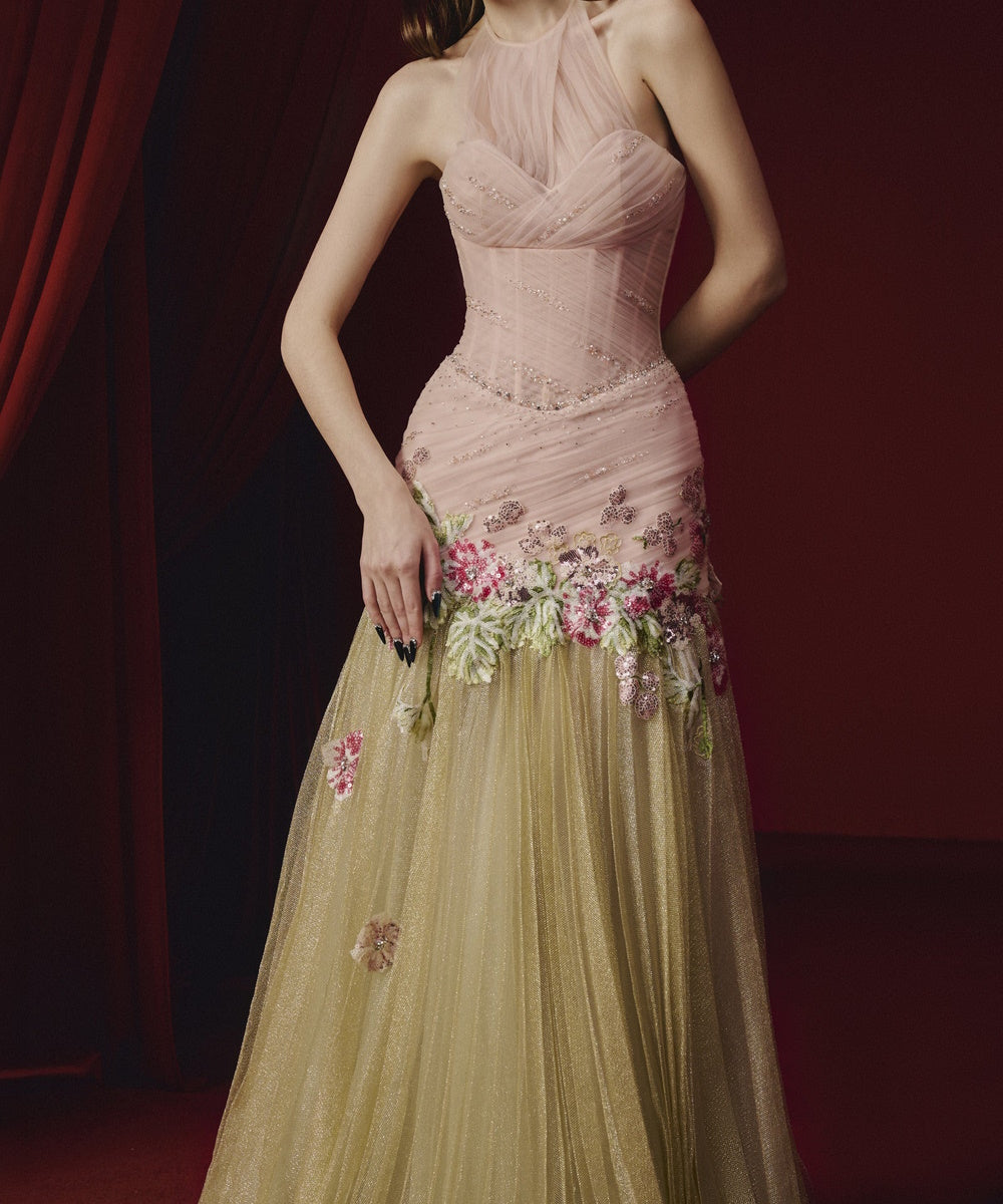 Pink Halter Floral Appliqué Tulle A-Line Formal Evening Gown