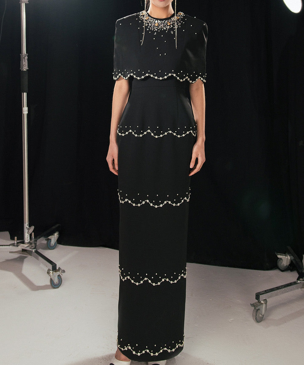 Black Cape Sleeve Beaded Column Maxi Evening Gown