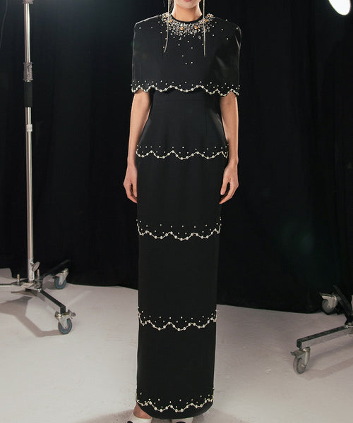 Black Cape Sleeve Beaded Column Maxi Evening Gown