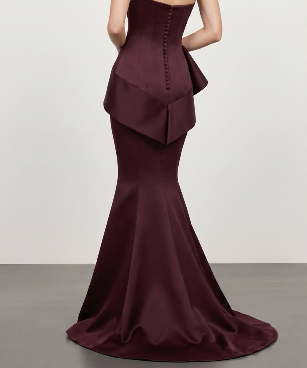 Burgundy One Shoulder Satin Mermaid Evening Gown with Statement Peplum
