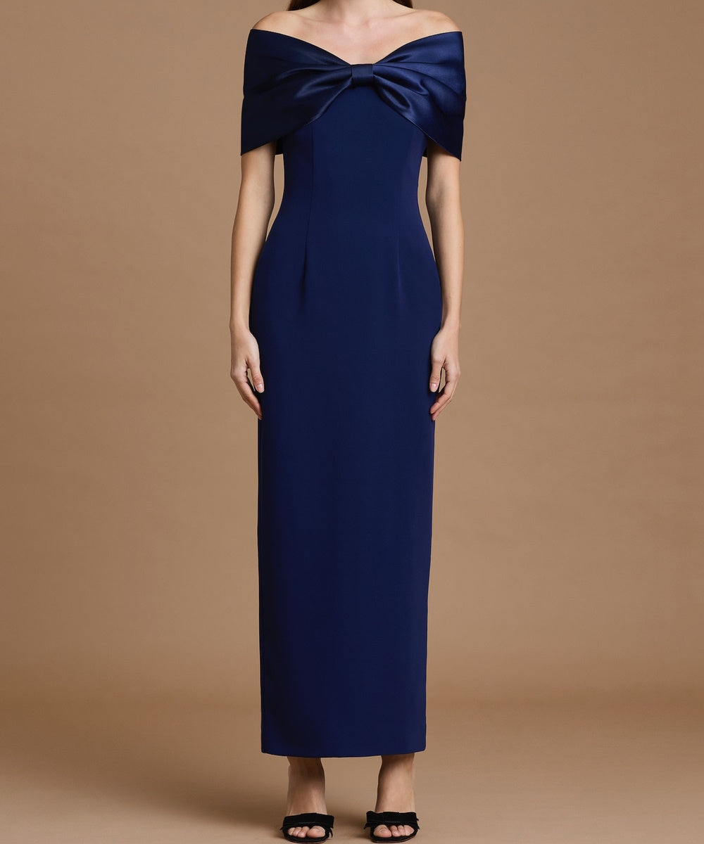 Navy Blue Off Shoulder Satin Bow Sheath Midi Evening Dress