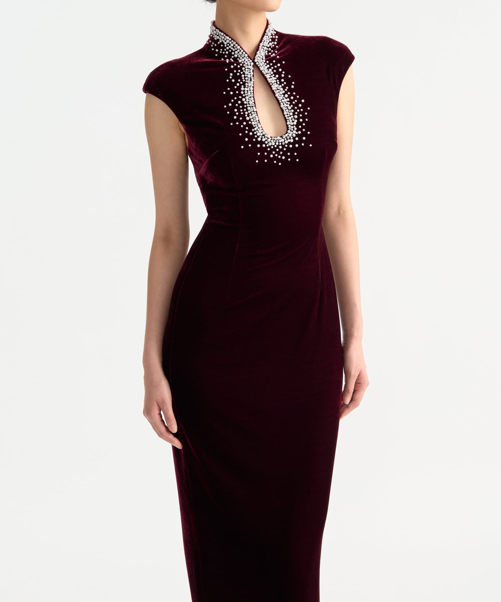 Burgundy Velvet Qipao Style Column Gown With Rhinestone Beaded Collar