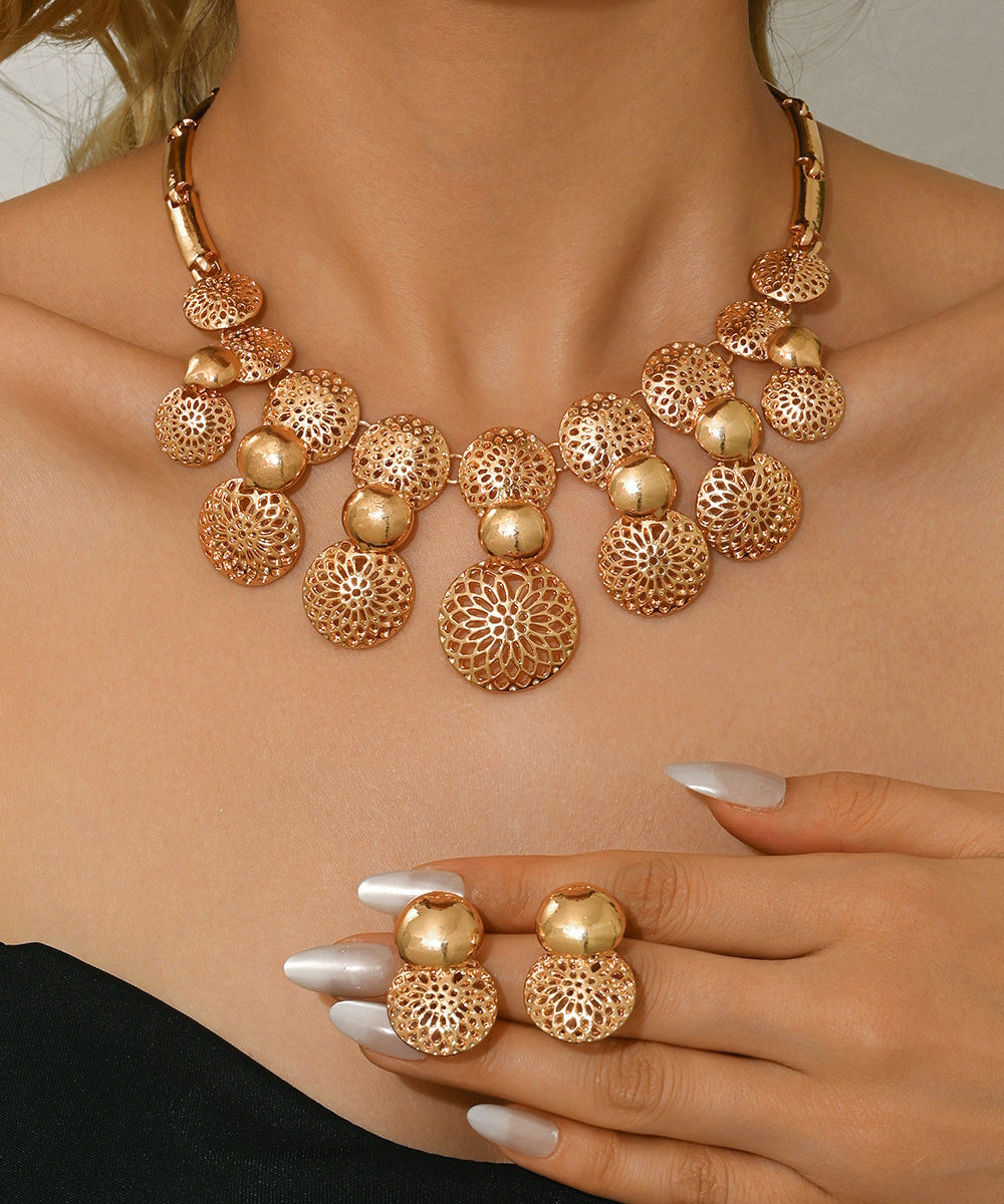 Vintage Gold Hollow Floral Disc Statement Jewelry Set 4 Pieces