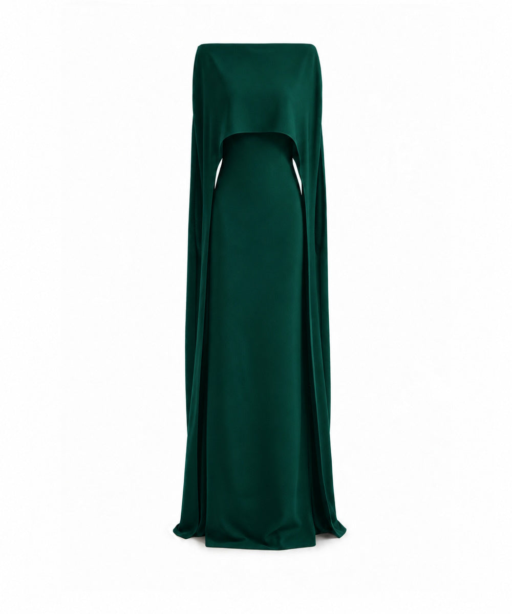 Emerald Green Off Shoulder Cape Sleeve Formal Maxi Gown