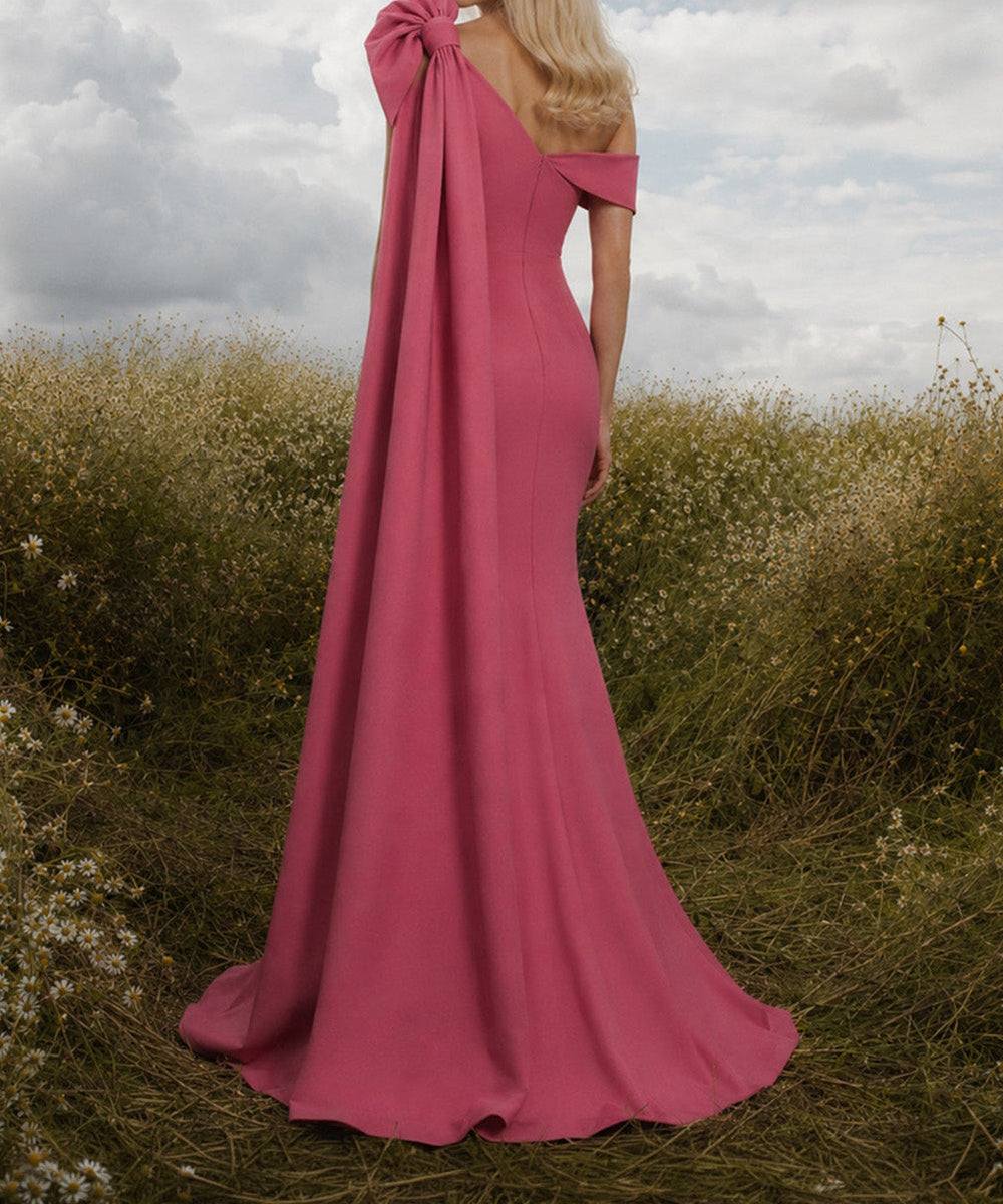Pink One‑Shoulder Mermaid Evening Gown With Oversized Bow Cape Sash