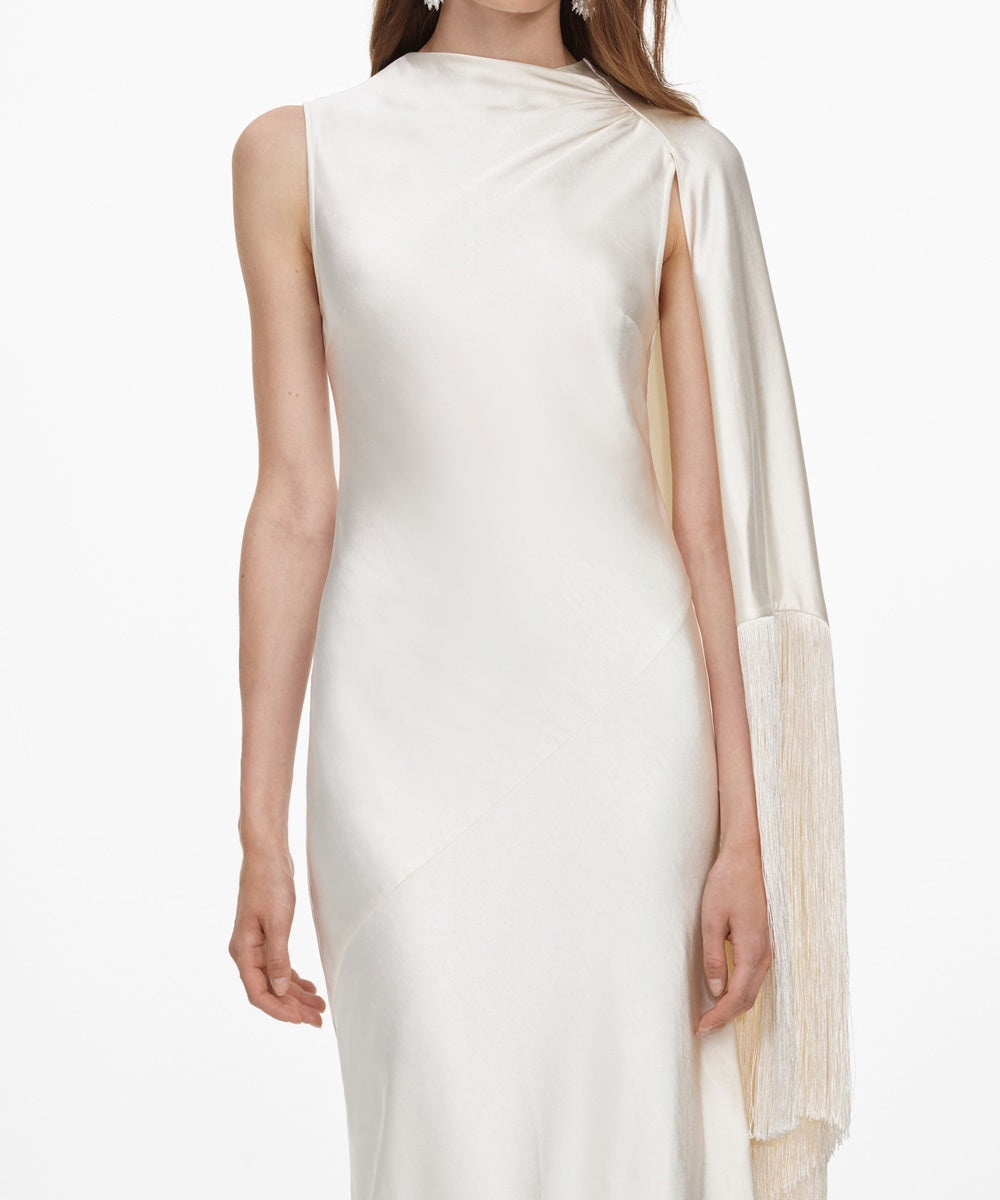 Ivory Satin High Neck Mermaid Gown with Fringe Cape Sleeve