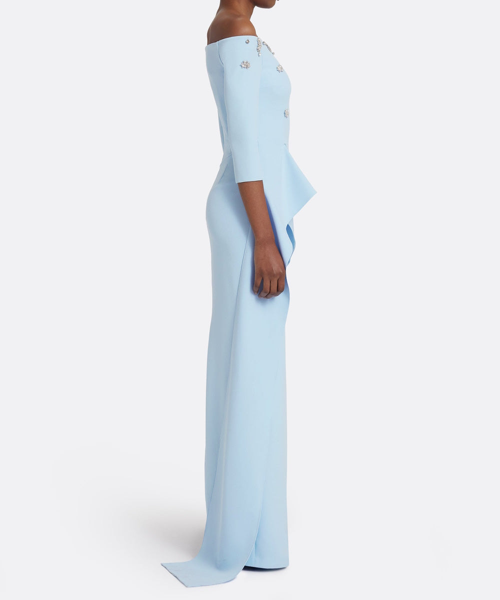 Light Blue Off‑The‑Shoulder Embellished Crepe Gown With Draped Ruffle Panel Train